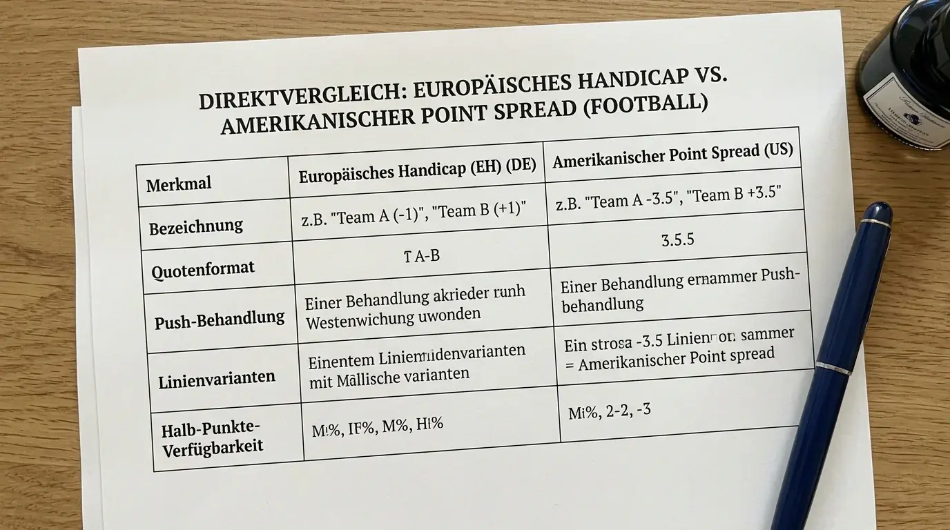 Direktvergleich Tabelle Europäisches Handicap versus Point Spread Bezeichnung Quotenformat Push-Regel