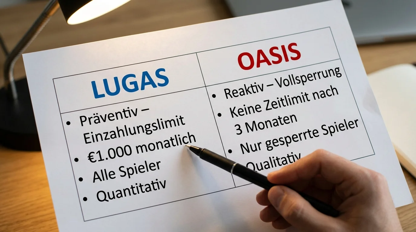 Vergleich LUGAS vs. OASIS: Unterschied zwischen Einzahlungslimit und vollständiger Spielersperre bei deutschen Anbietern