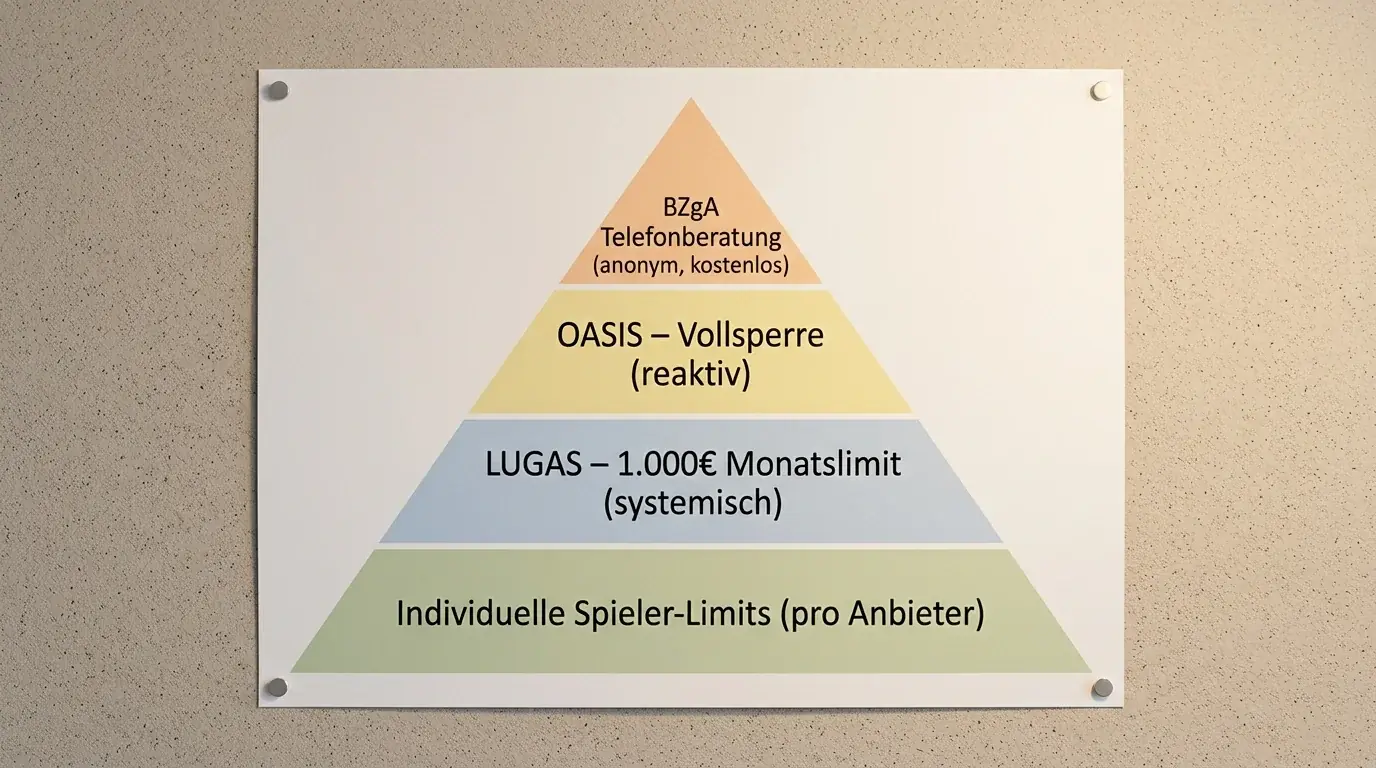 Ebenenmodell der deutschen Spielerschutzsysteme: individuelle Limits, LUGAS, OASIS und BZgA-Beratung