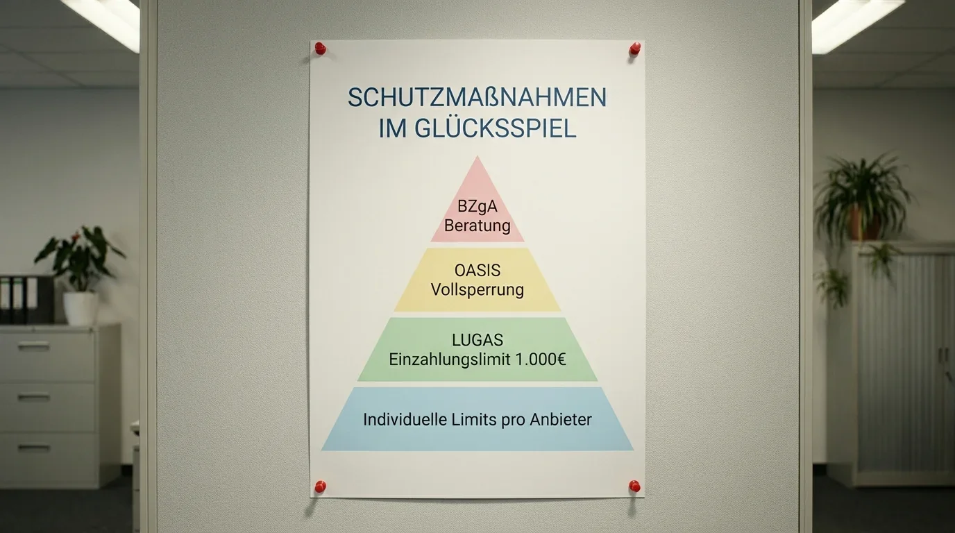 Zusammenspiel von OASIS-Sperre, LUGAS-Einzahlungslimit und BZgA-Beratung beim deutschen Spielerschutz