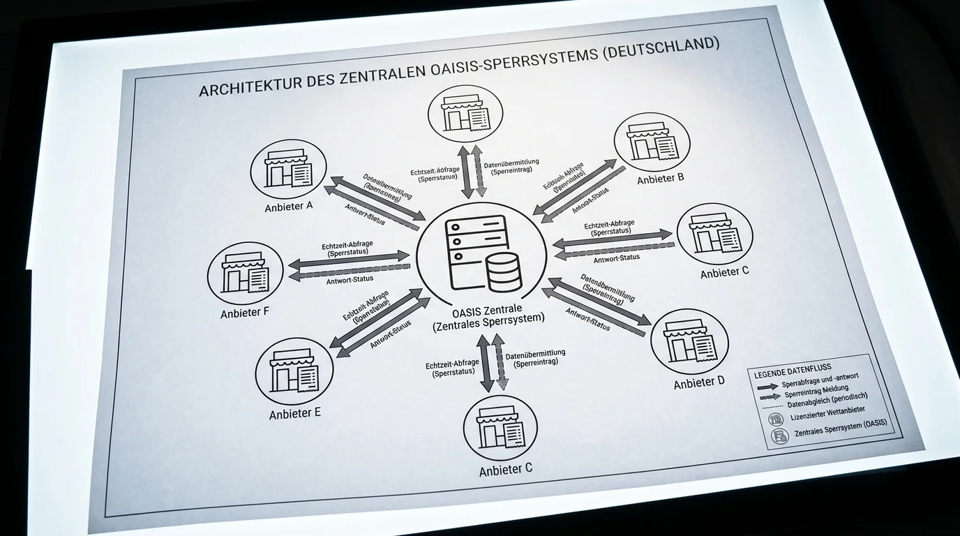 Schematische Darstellung des zentralen OASIS-Sperrsystems mit Verbindung zu allen deutschen Sportwettanbietern