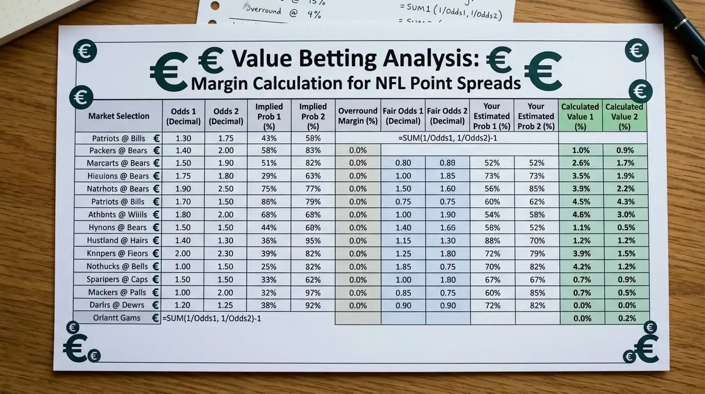 Buchmachermarge herausrechnen und wahren Wert NFL Spread Value Bet ermitteln